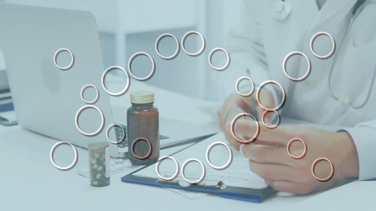 Doctor's hands with medication bottles and laptop over circular animation