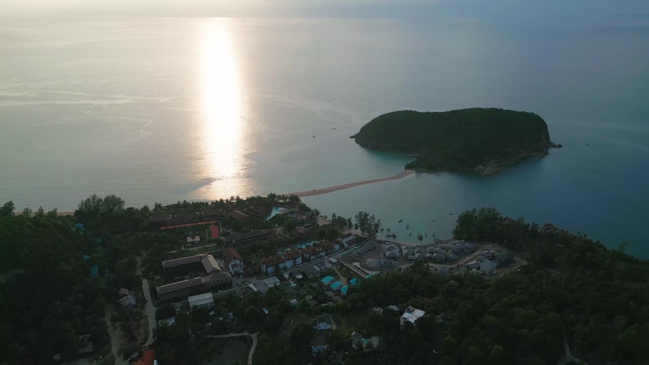 Ko Pha Ngan or Koh Phangan Island in Gulf of Thailand , Koh Nang Yuan at sunset aerial drone footage