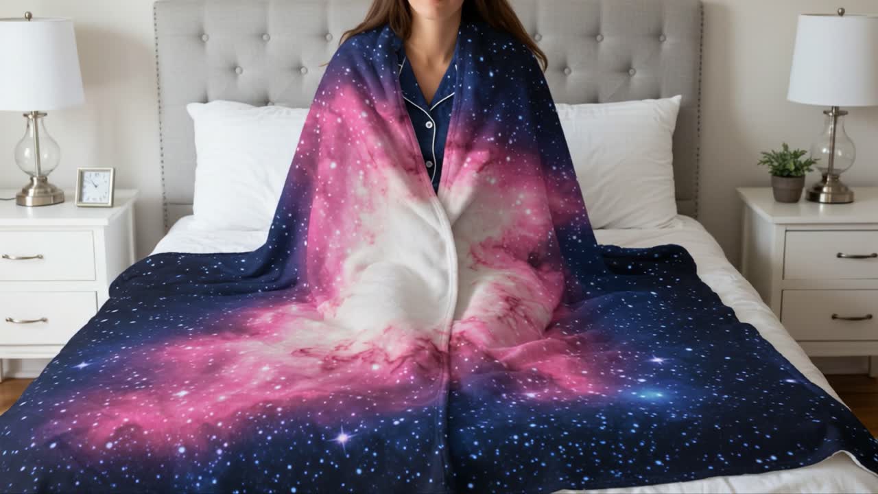 Cozy Comfort of a Starry Galaxy Blanket: Embracing Cosmic Patterns on a Serene Bed, Perfect for Relaxation and Dreamy Nights Under the Stars