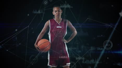 Animation-of-female-basketball-player,-digital-interface-and-data-processing