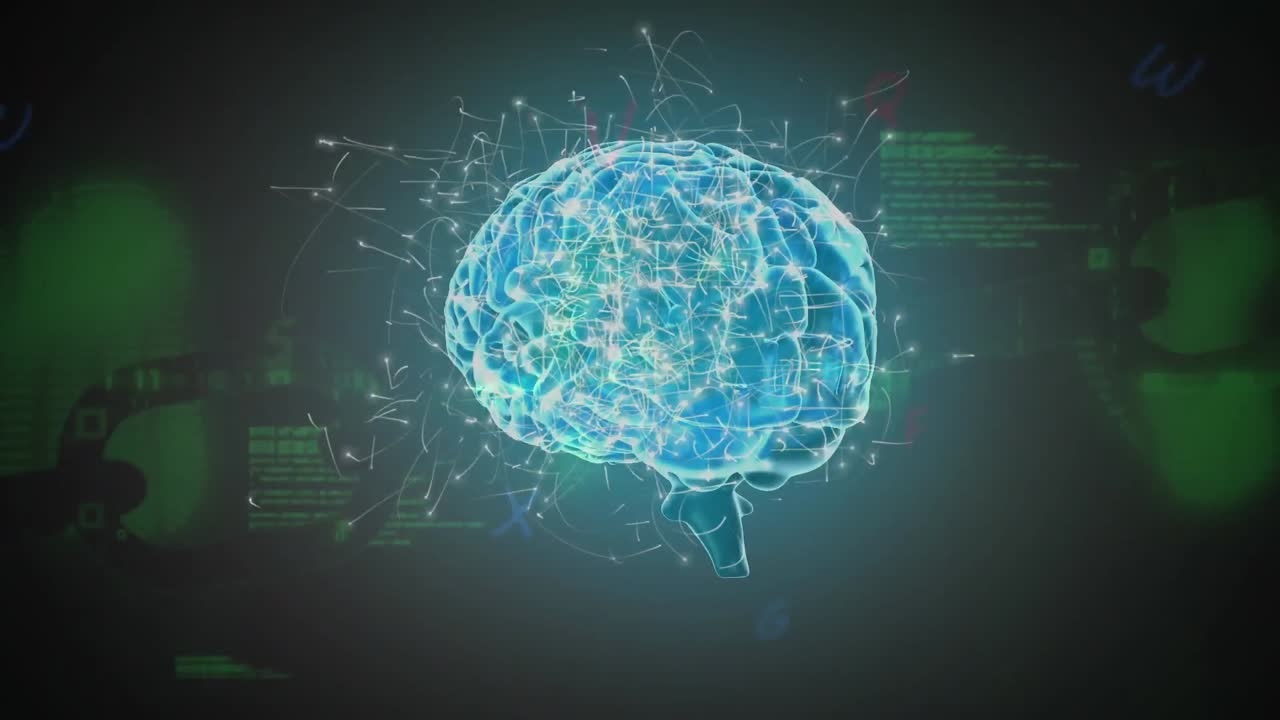 파란색 배경에 데이터 처리와 보안 체인에 대한 인간의 두뇌 회전