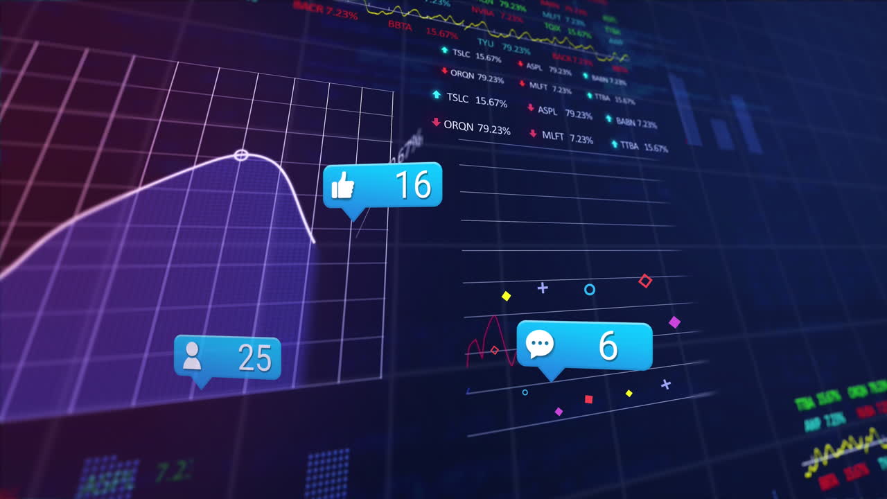Animation of social media icons over statistical and stock market data processing on blue background