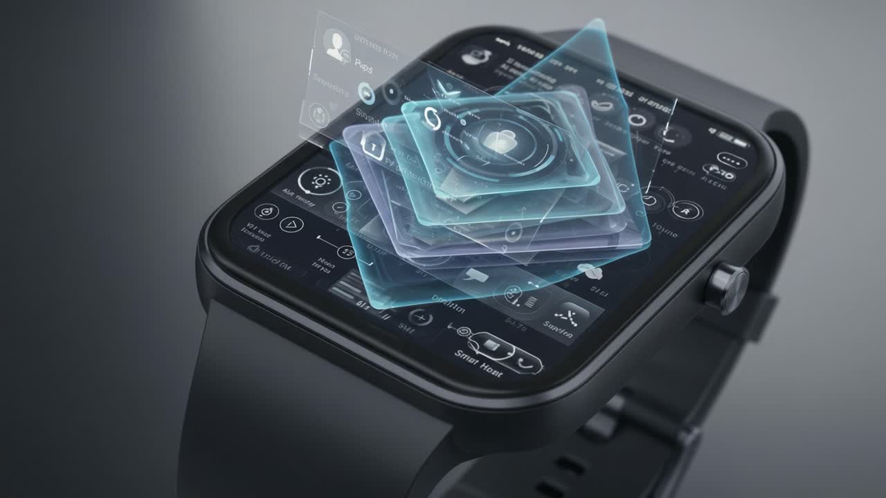 Innovative Smartwatch Interface Featuring Transparent Elements and User-Centric Design, Showcasing Advanced Functionality and Sleek Aesthetic in a Modern Digital Environment
