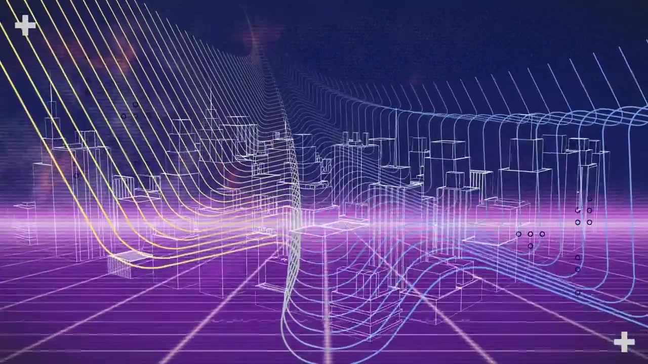 Animation of data network over architectural cityscape at night