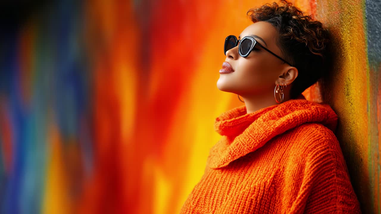 A vibrant portrait of a woman in an orange sweater, wearing sunglasses, exuding confidence and style against a colorful mural, capturing a moment of serenity and fashion awareness