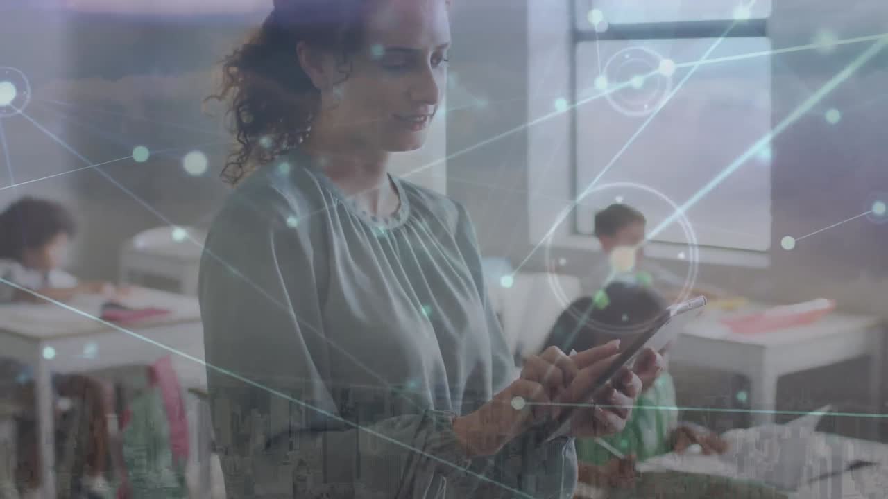 Animation of network of connections over diverse schoolchildren and teacher using tablet