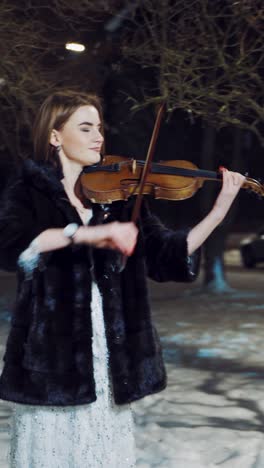 playing violin instrument in the winter time