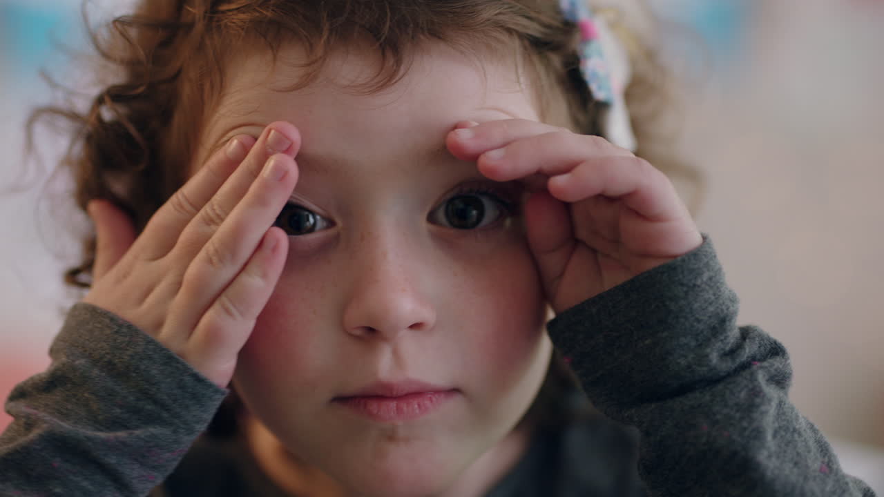 초상화 귀여운 작은 소녀 얼굴을 만드는 행복한 아이 집에서 즐겁게보고