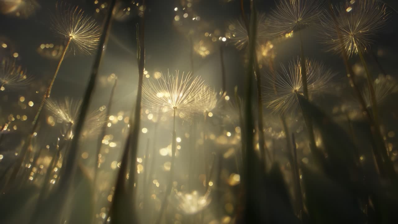 A Mesmerizing Display of Backlit Flora with Delicate Seed Heads Glimmering in the Ethereal Glow, Creating an Enchanting Atmosphere Captured in the Golden Light of Dawn