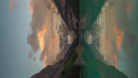 Lapso-De-Tiempo-Vertical-De-4k,-Amanecer-Sobre-El-Lago-Louise-Y-El-Parque-Nacional-De-Banff,-Montañas-Rocosas-Canadienses