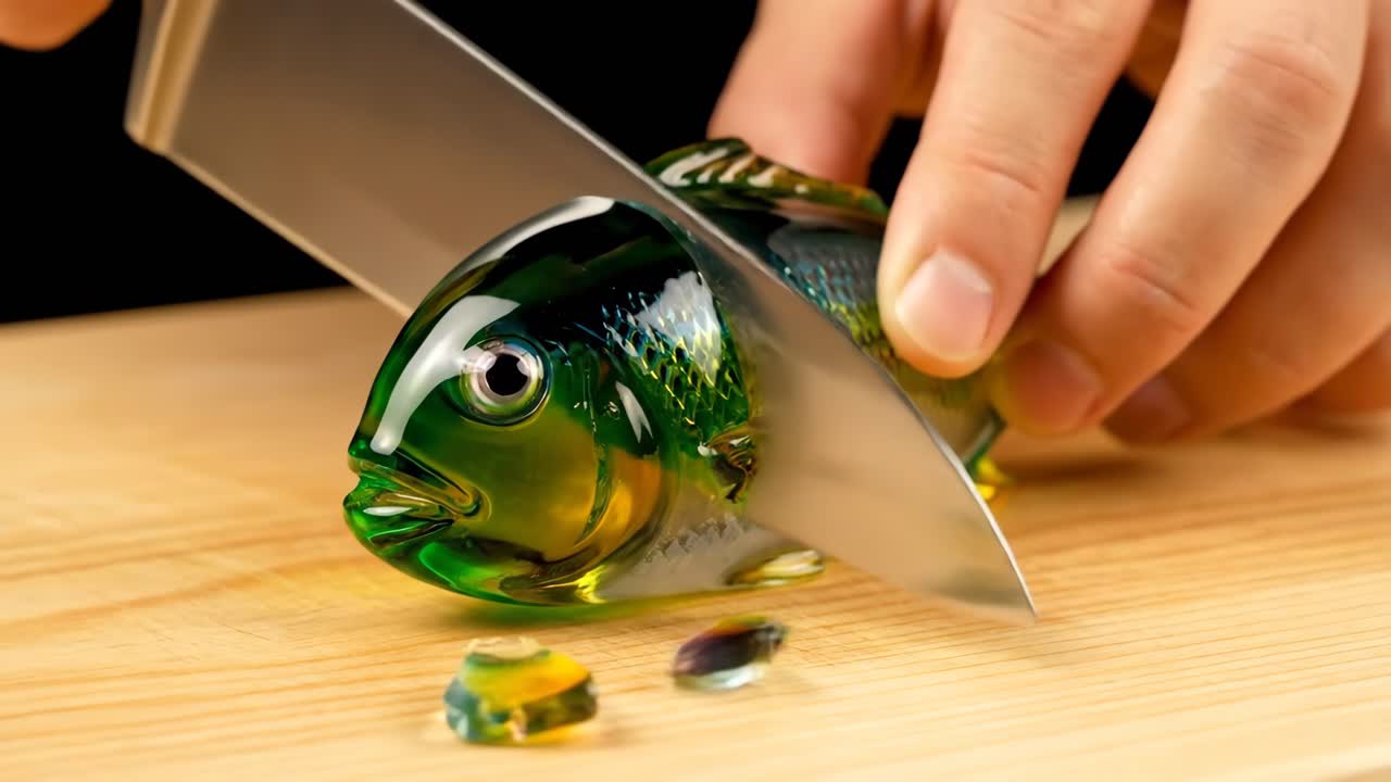 Glass Fish Being Cut by a Knife