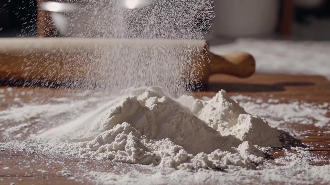 Mãos peneirando farinha branca sobre uma mesa de madeira para assar