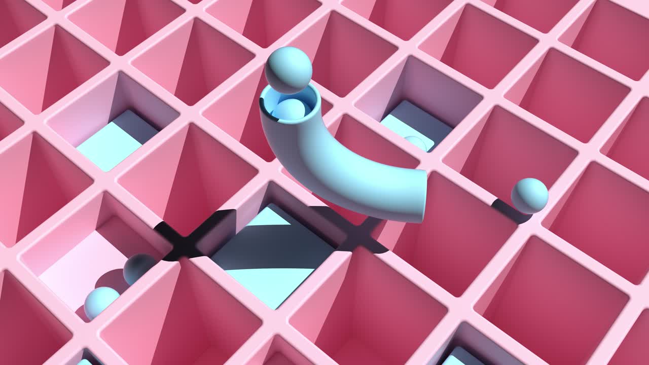 lanzar bolas azules que caen en agujeros golpeando cubos obstáculos. concepto simple de videojuego. diseño de juguete. fondo pastel abstracto, modelo 3d. arte digital. animación de renderización de bucle sin costuras 4k