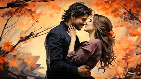 romantic embrace of a couple against a backdrop of autumn leaves