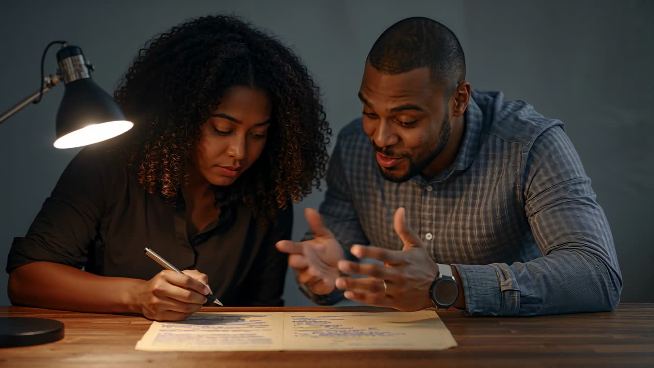 Placing document couple wearing smart casual, woman writing pen, man pointing at form under lamp