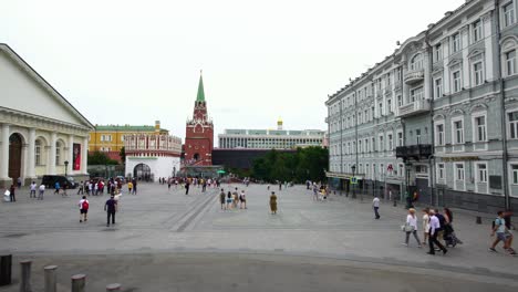 low angle drone shot of moscow kremlin troitskaya tower square in capital of russia