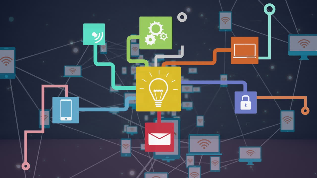 Animation of network of connections with icons on black background