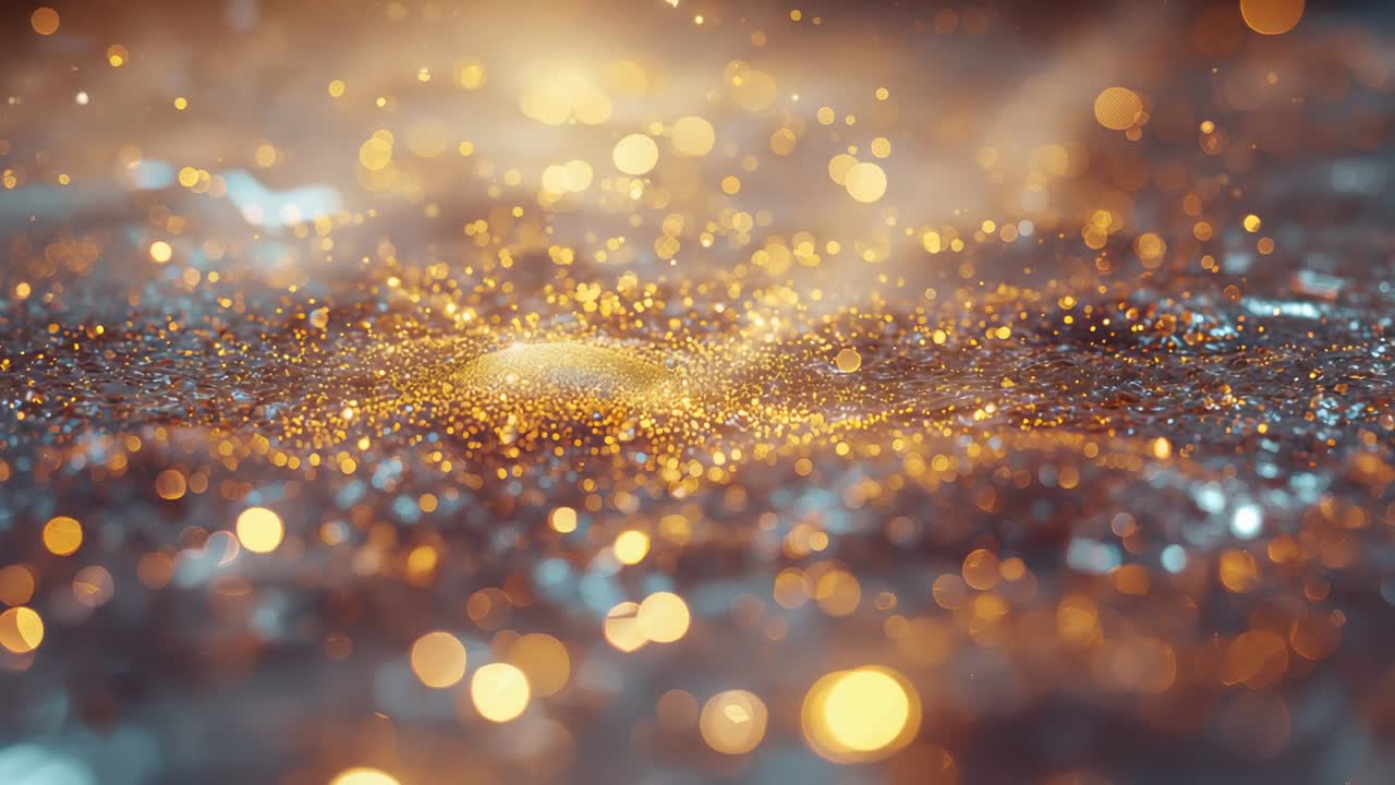 Particelle dorate e scintillanti che pulsano su una superficie metallica ruvida sotto una luce ambientale calda