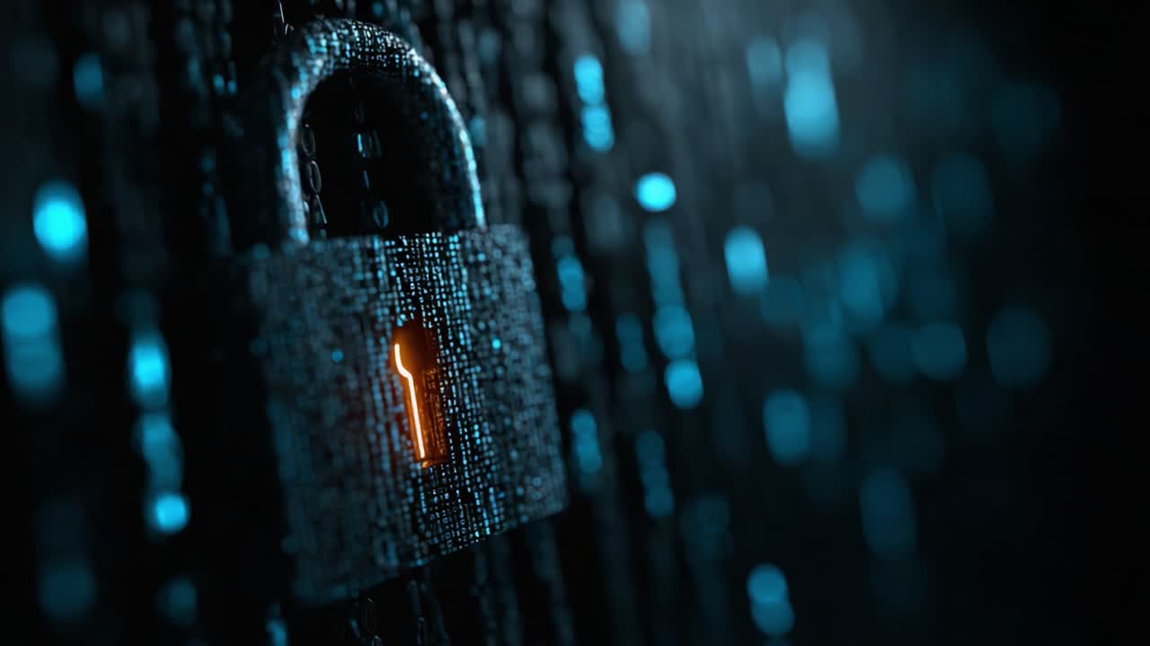 A Glowing Padlock in a Sea of Binary Code: Symbolizing Security and Data Protection in the Digital Age