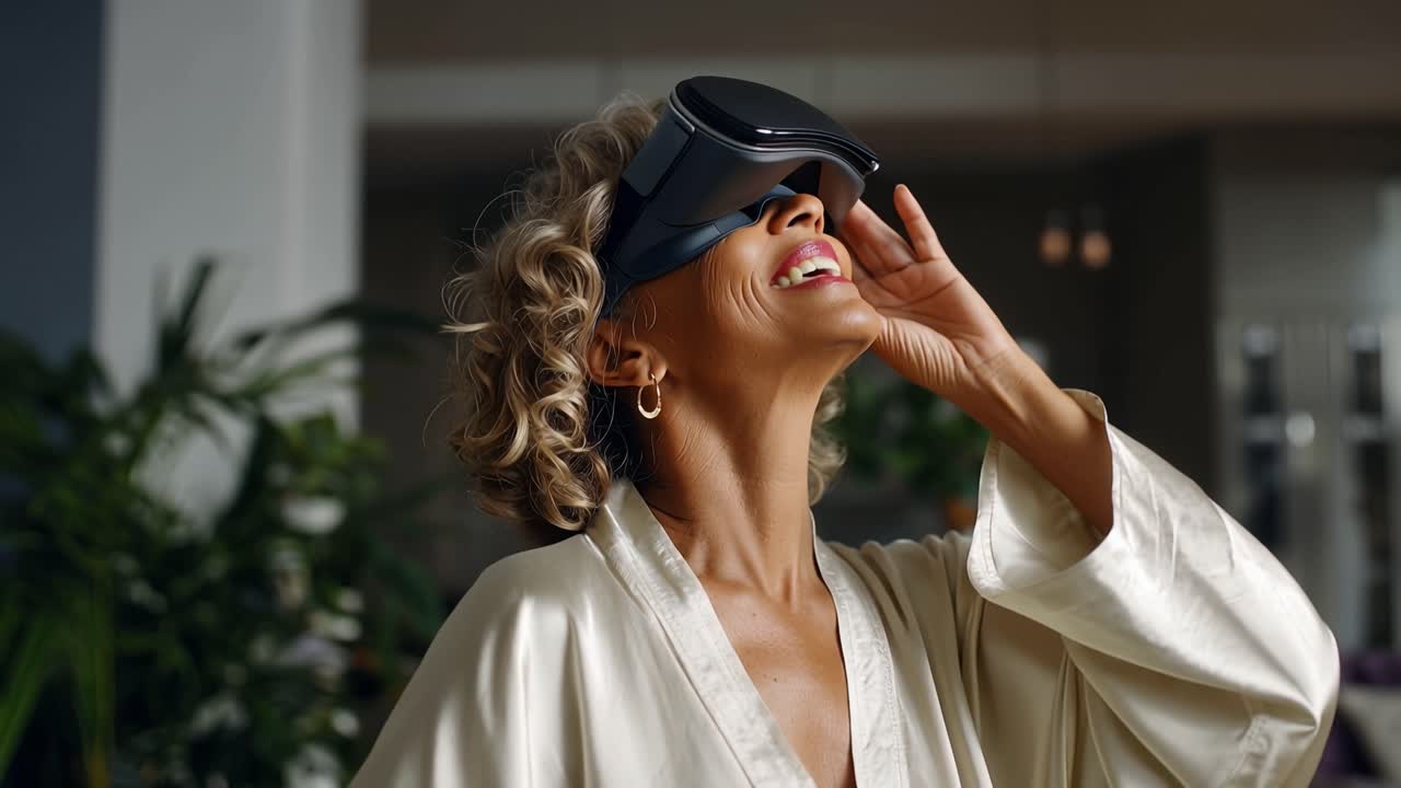 En moden kvinde oplever virtuel virkelighed, udforsker digitale verdener, mens hun er klædt i en luksuriøs badekåbe, hvilket fremviser blandingen af teknologi og personlig nydelse.