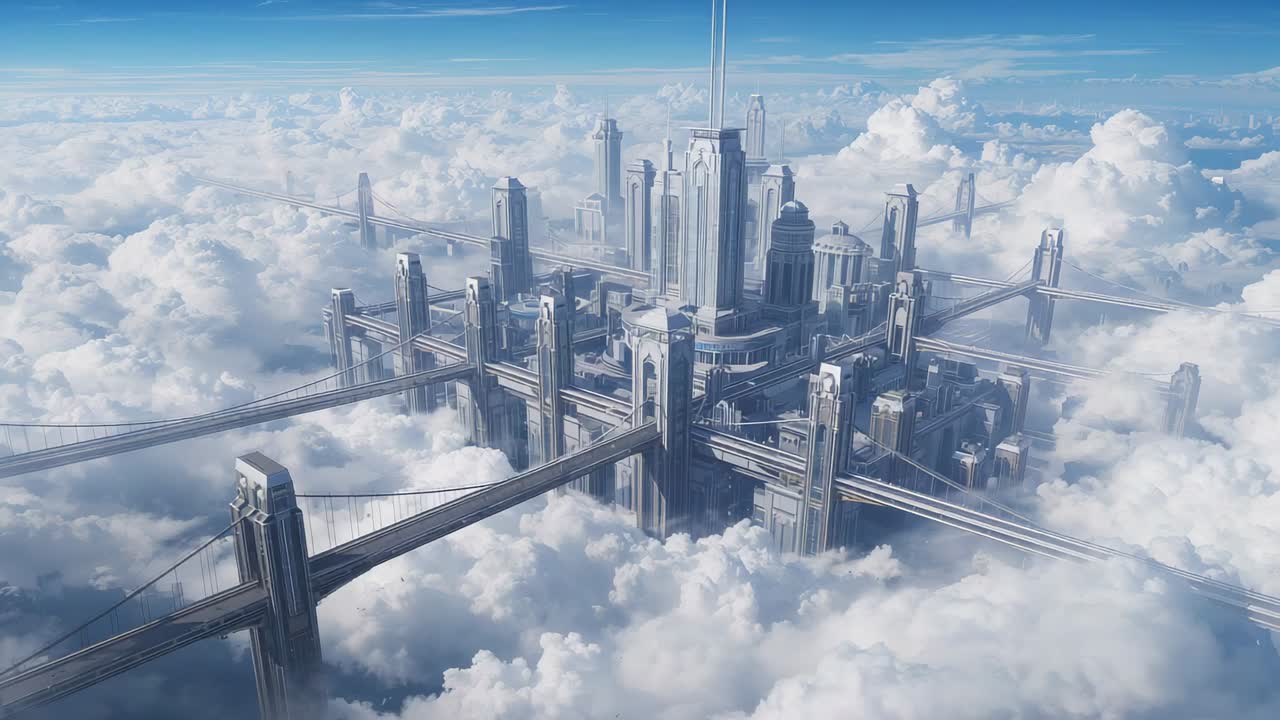 Camera pulling back to reveal floating metropolis, revealing clouds, spire and suspension bridges