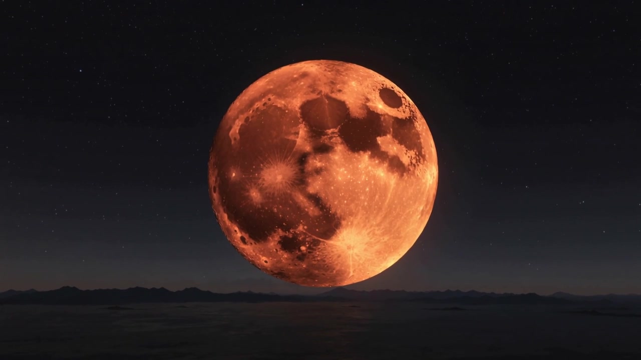 Moving red-orange moon lowering toward ridge horizon over calm sea with zoom starting, reflecting
