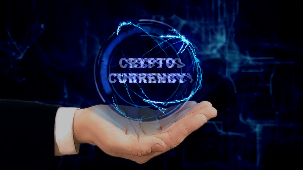 Mano dipinta mostra ologramma concettuale di criptovaluta sulla sua mano