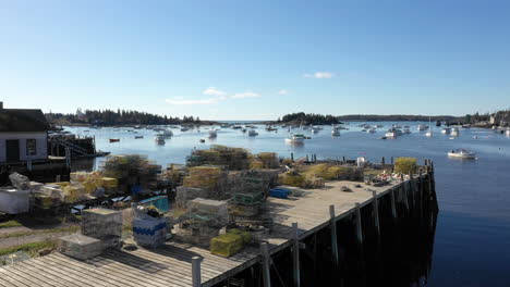 aerial low fly over drone footage of lobster traps in vinalhaven, fox islands, knox county maine, usa