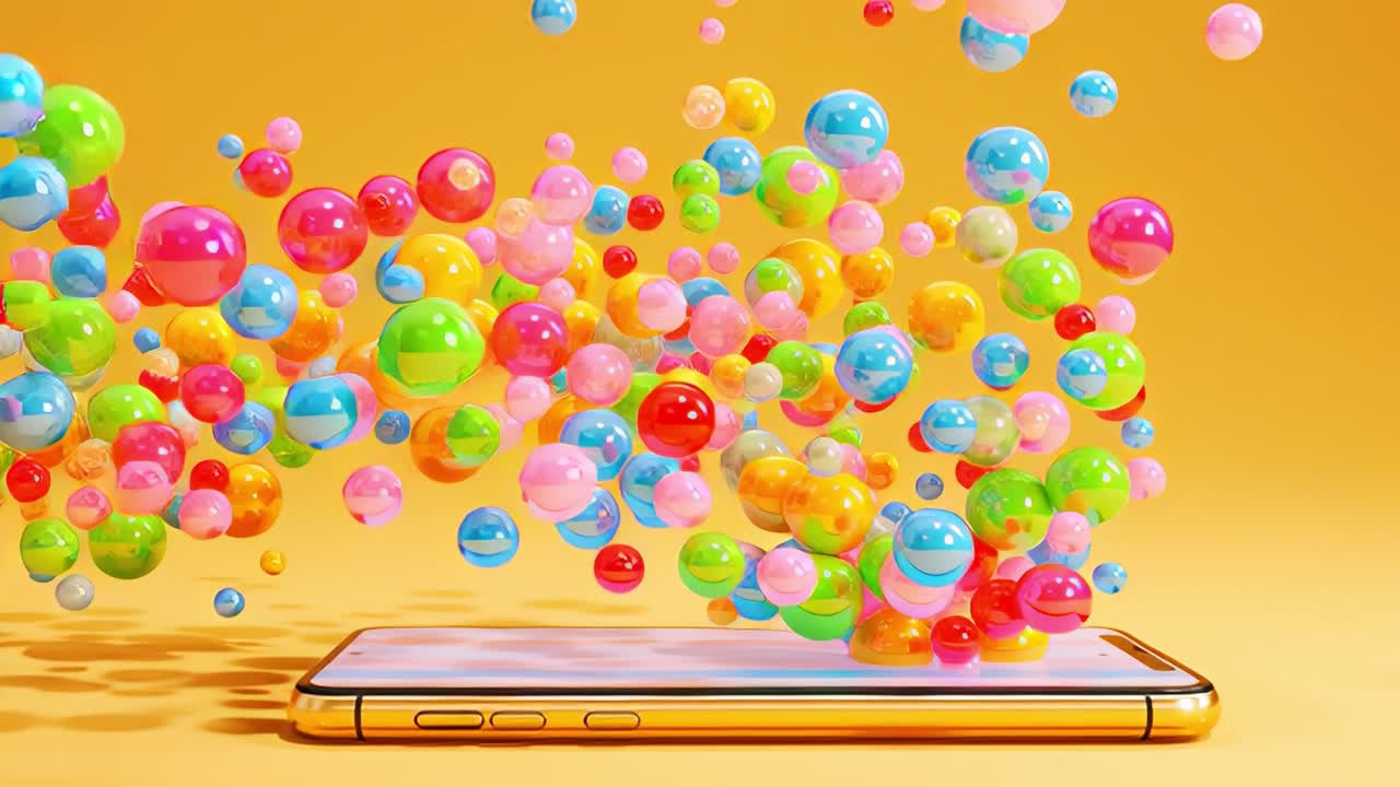 Colorful Floating Bubbles Emanating from a Smartphone Screen, Creating a Playful and Lively Atmosphere with Vibrant Hues Against a Solid Yellow Background