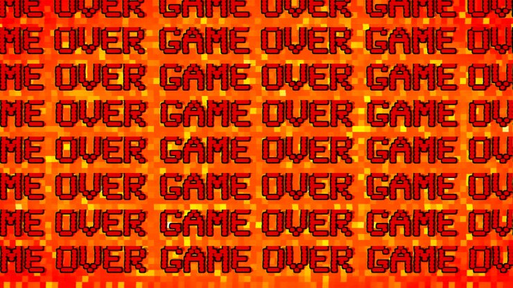 Geanimeerde 'Game Over'-titel van een computerspel op een gepixelde achtergrond.