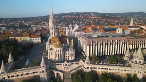 cinematic establishing drone shot above fisherman's bastion, matthias church