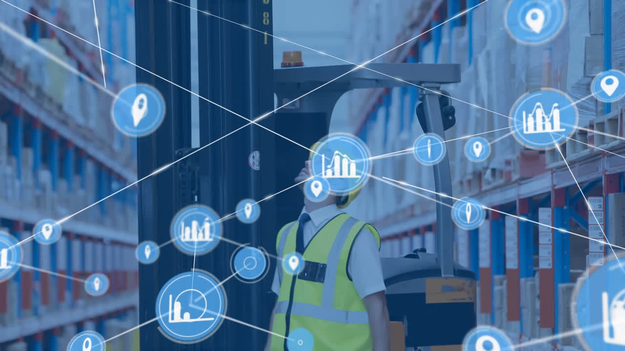 animación de una red de conexiones con iconos sobre un trabajador caucásico en un almacén