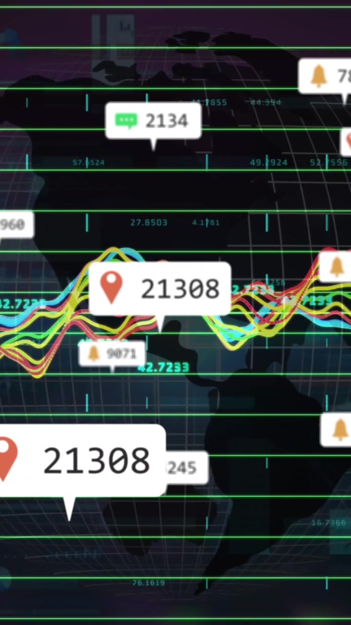 Animazione di barre di notifica, numero che cambia e grafici su globo contro sfondo astratto
