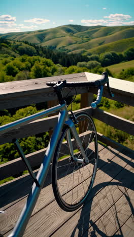 Road bike on a wooden deck with a scenic view