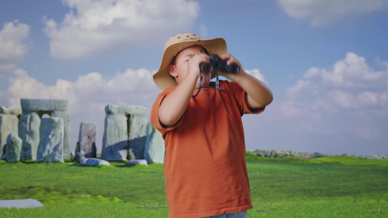 Asian Boy With A Hat Standing Doubtfully And Asking Why After Looking Through The Binoculars. Boy Researcher Examines Something While Traveling In Stonehenge, Travel Tourism Adventure Concept