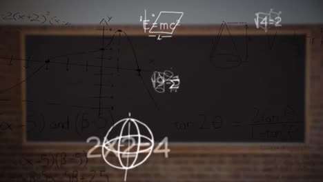 animación de ecuaciones matemáticas y diagramas flotando contra la pizarra negra en la pared de ladrillo.