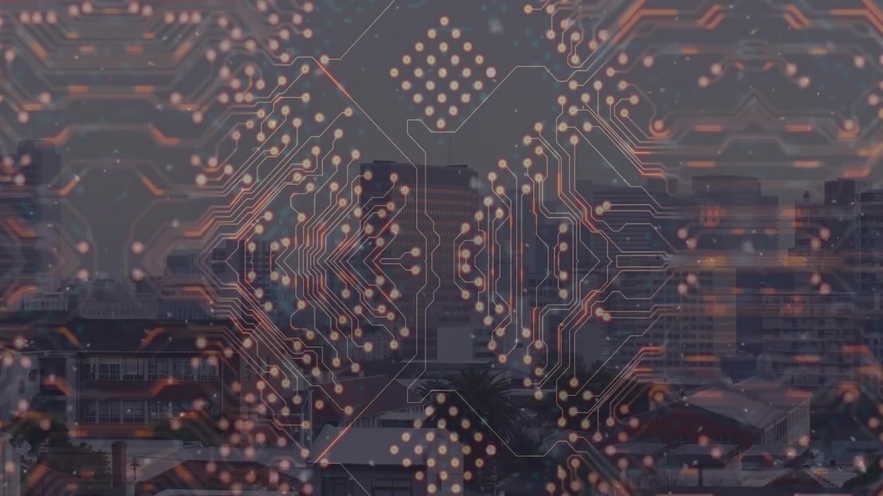 Animation af integreret kredsløb over bylandskab