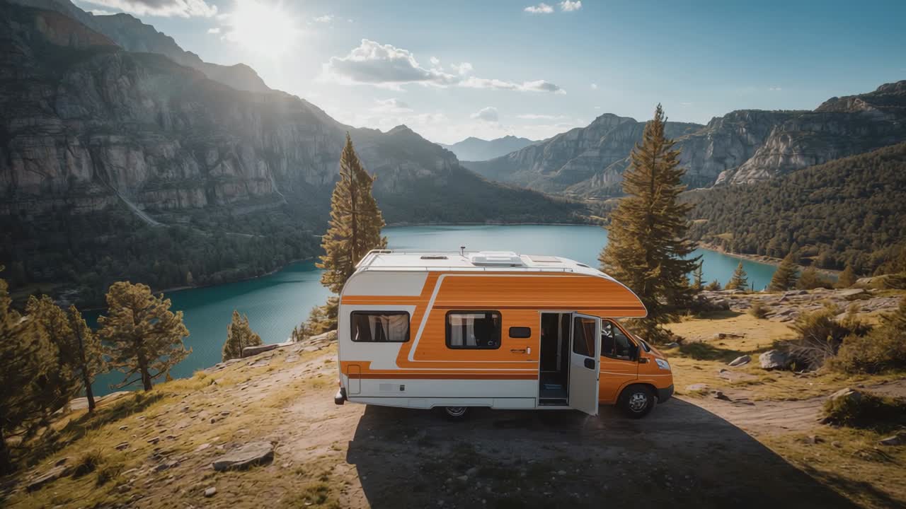 Camera framing orange-white camper van tilting upward at overlook showing turquoise lake and cliffs