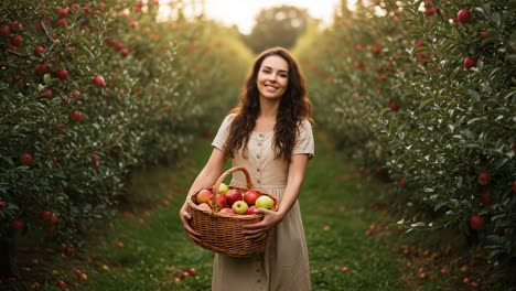 a woman in a beautiful orchard holding a basket full of freshly picked red and green apples, capturing the essence of autumn harvest in a scenic landscape