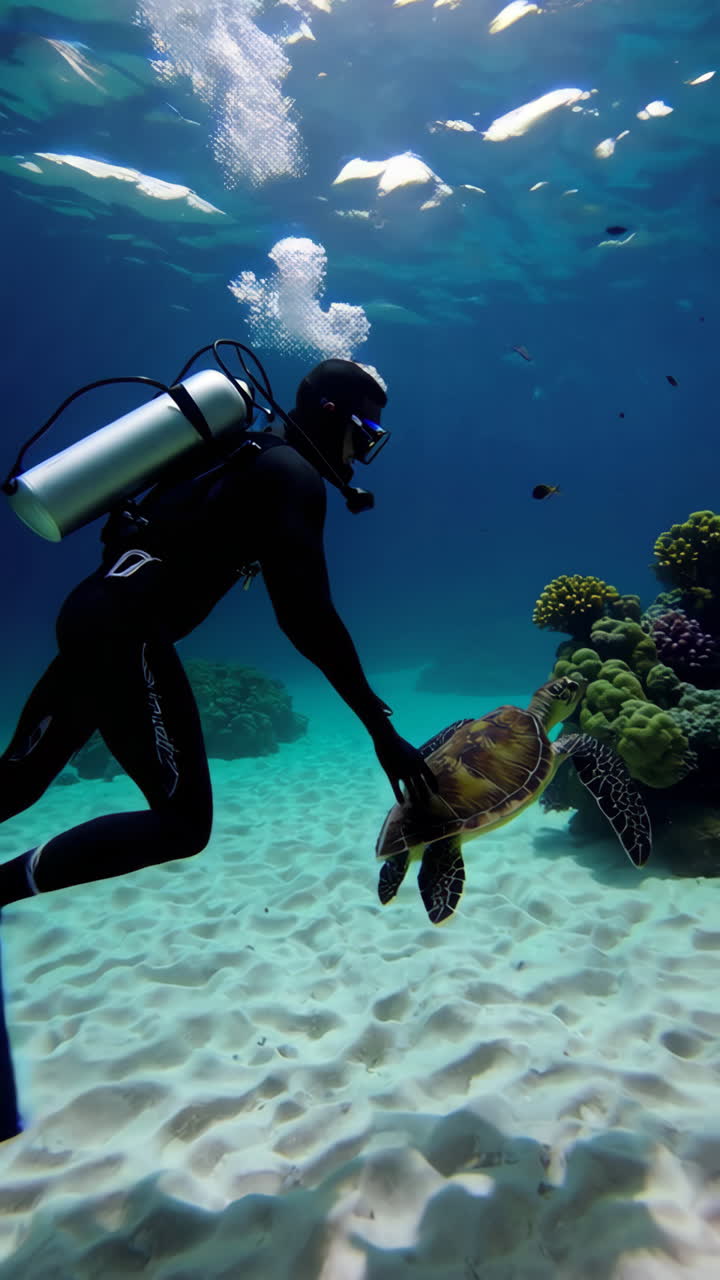 un buzo interactuando con una tortuga marina en un arrecife de coral