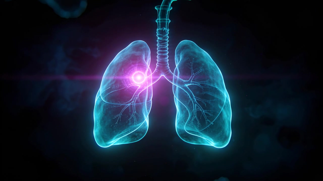 Lesione viola pulsante che causa polmoni ciano, trachea e bronchi luminosi con forme che si estendono e fluttuano nella foschia.