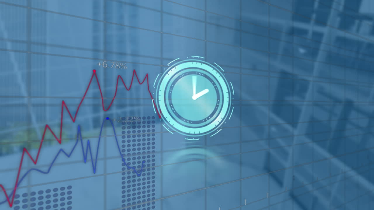 Animation of moving clock and diverse financial data processing over office in background
