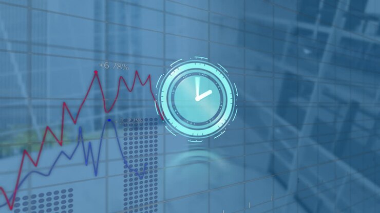 Animation of moving clock and diverse financial data processing over office in background