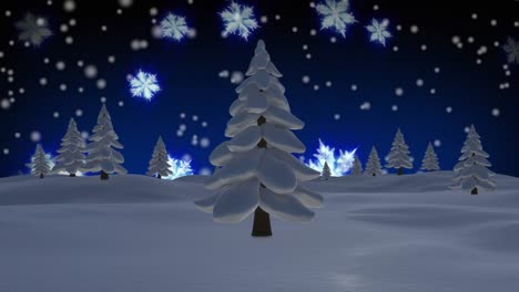 Animation-Von-Schnee,-Der-über-Bäume-Auf-Blauem-Hintergrund-Fällt