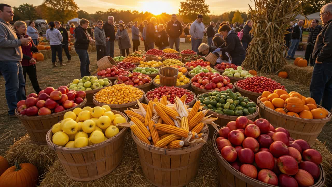 Busy Autumn Harvest Market with Abundant Produce Baskets at Sunset