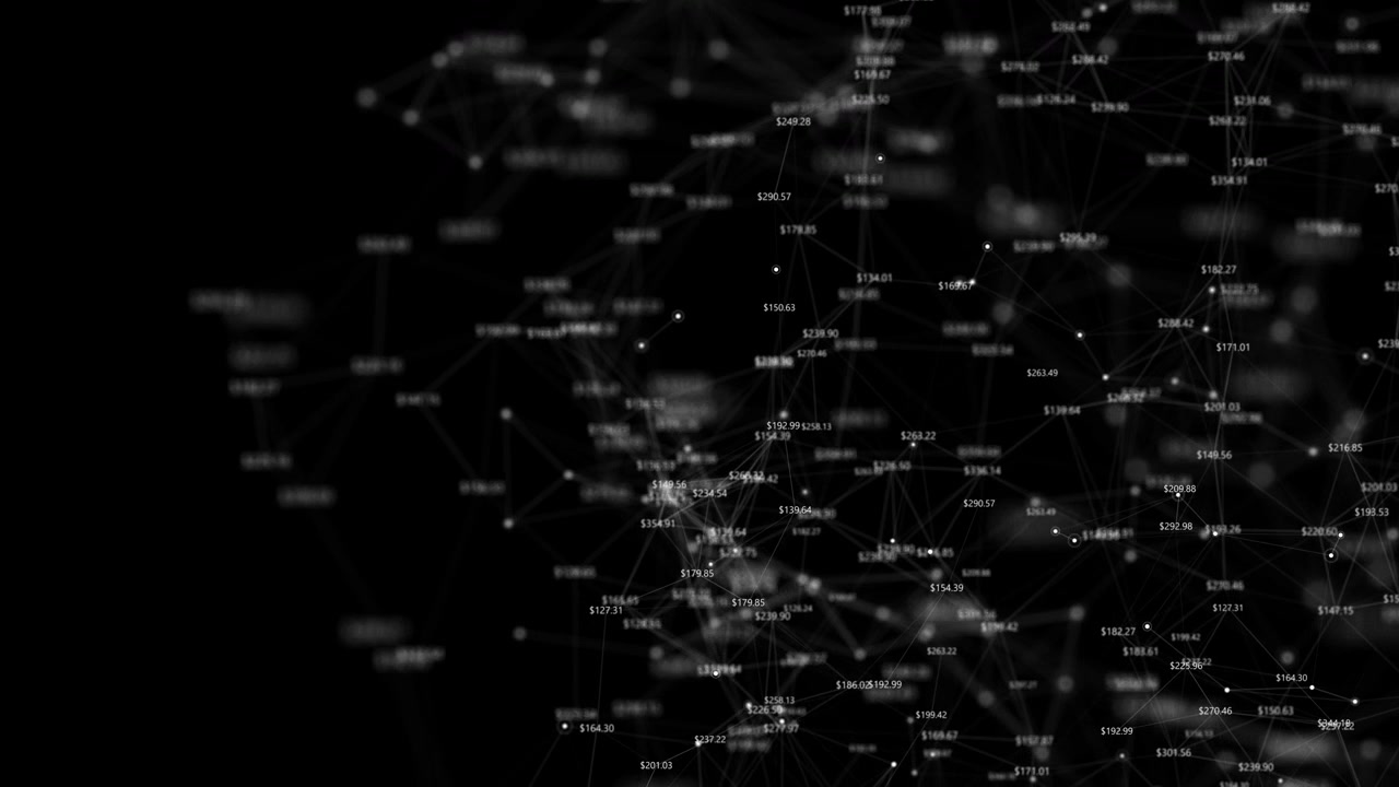 Abstract digital network displays points financial values floating data across a dark background