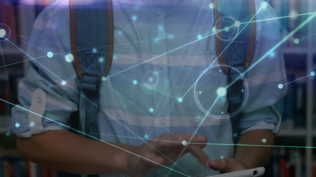 animación de la red de conexiones a través de un escolar caucásico usando una tableta