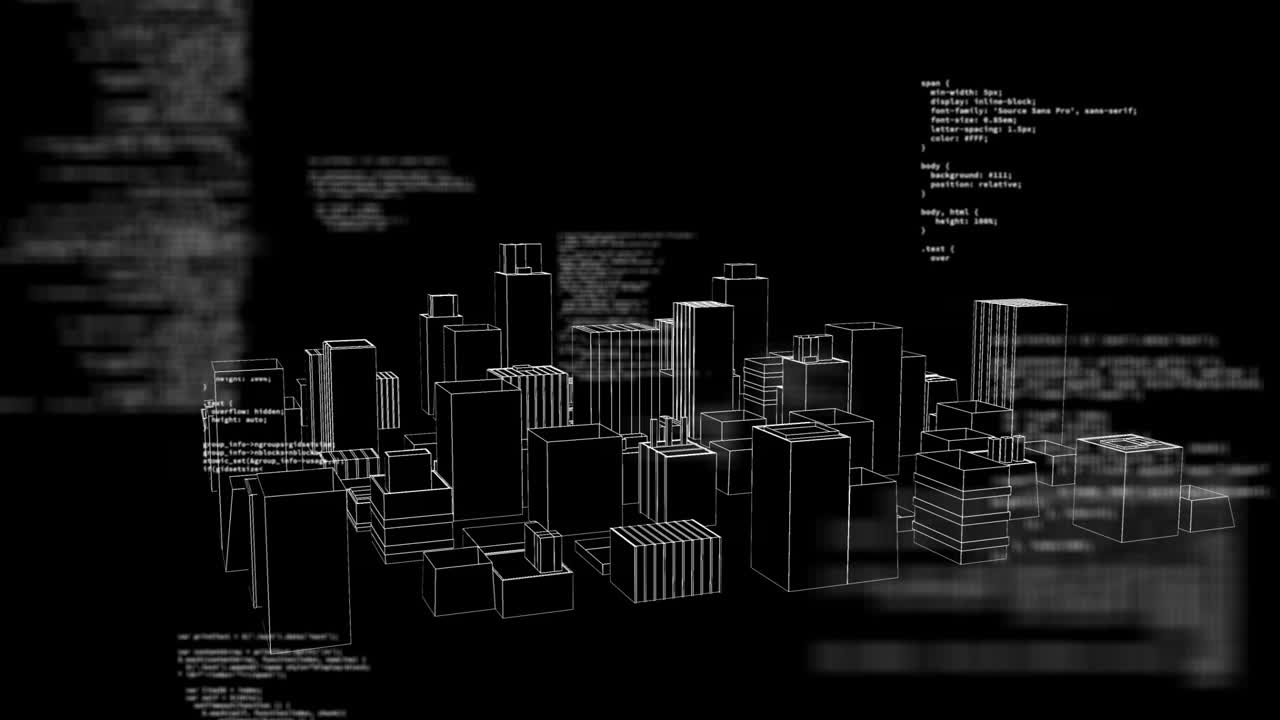Wireframe cityscape with programming code animation over black background