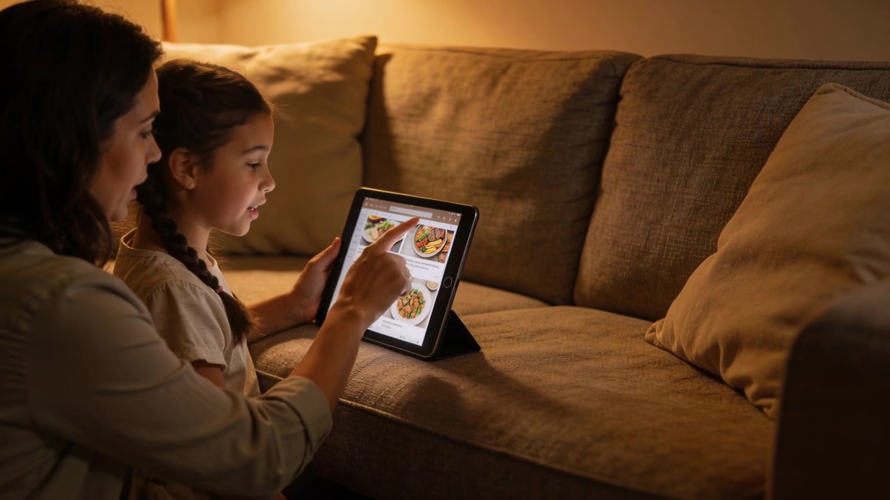 Leaning mother guiding daughter tapping tablet on sofa at home, wearing neutrals, browsing recipes