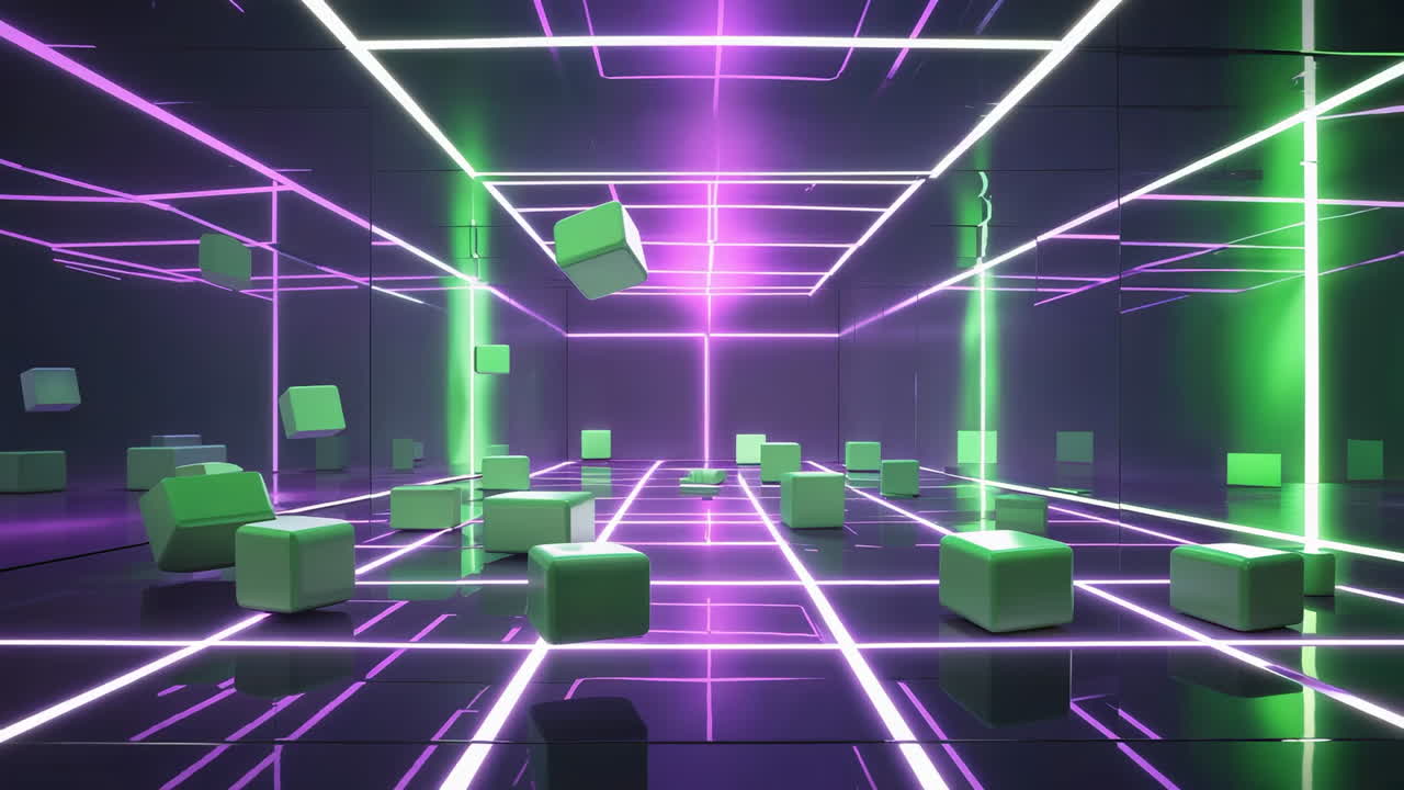 Futuristic Neon Room with Green Cubes